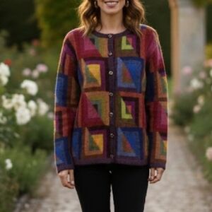 Handmade Baby Alpaca Multicolor Geometric Button Down Cardigan Sweater S